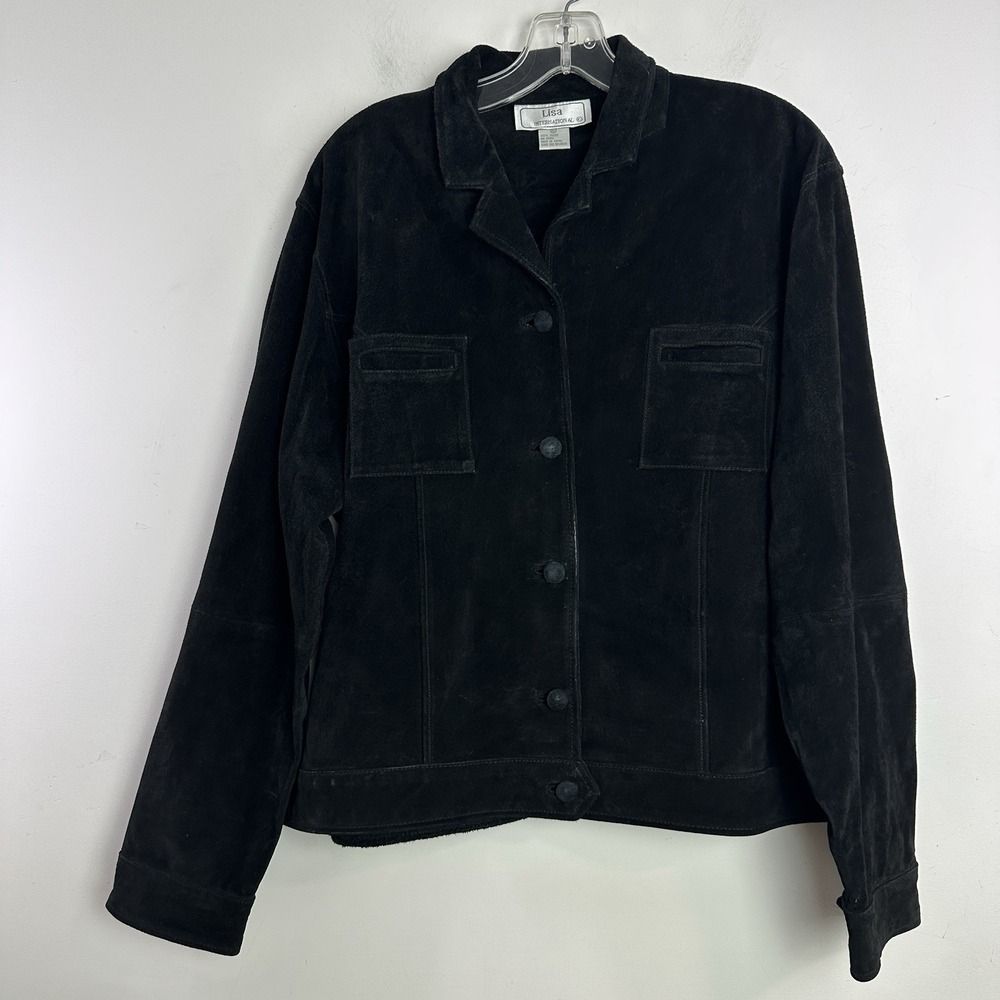 Vintage Lisa International Suede Leather Western Trucker Jacket XL Black